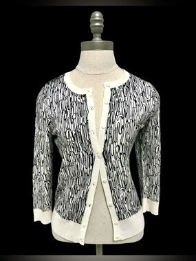 Halogen (Nordstrom) Petite White/Black Swirl 3/4 Sleeve Cardigan